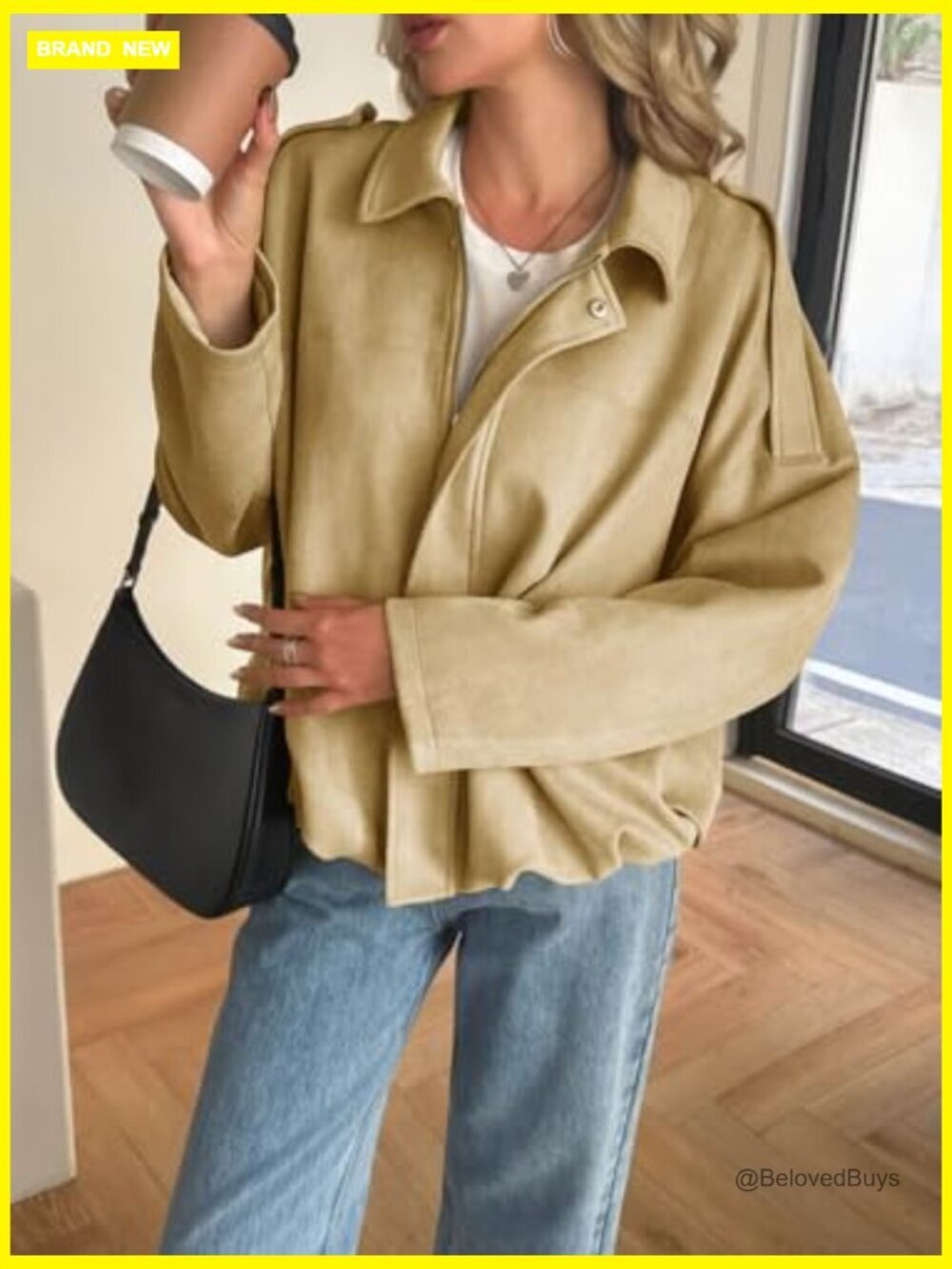 Faux Suede Bomber Jacket Oversized Cropped Zip Up Lapel Coat - Picture 4 of 7